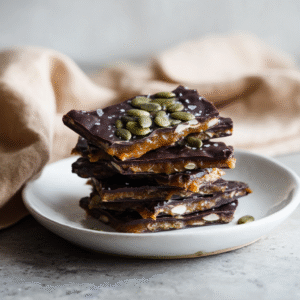 Stack of vegan date bark showing chocolate and nut butter layers