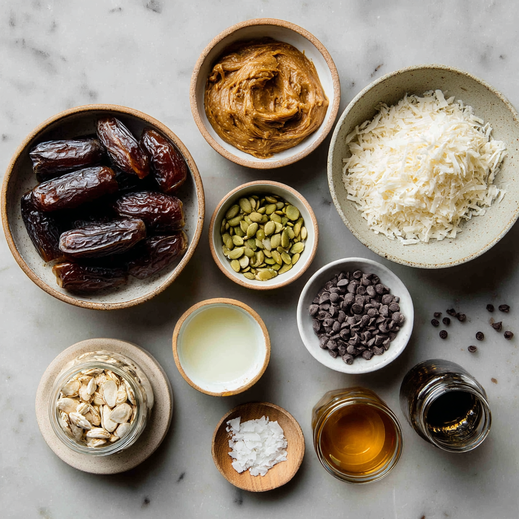 Medjool dates, nut butter, chocolate chips, and toppings on marble counter
