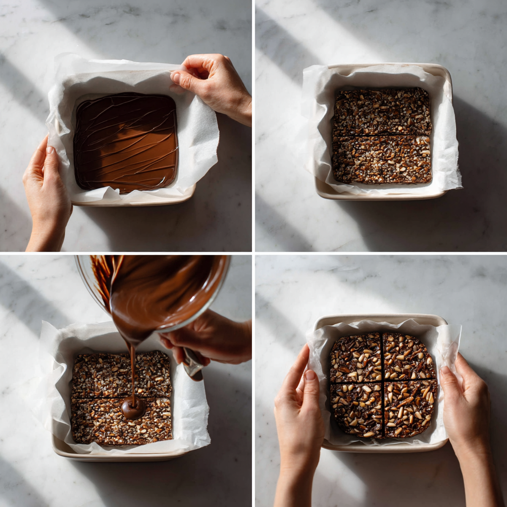 Four-step collage showing how vegan date bark is made