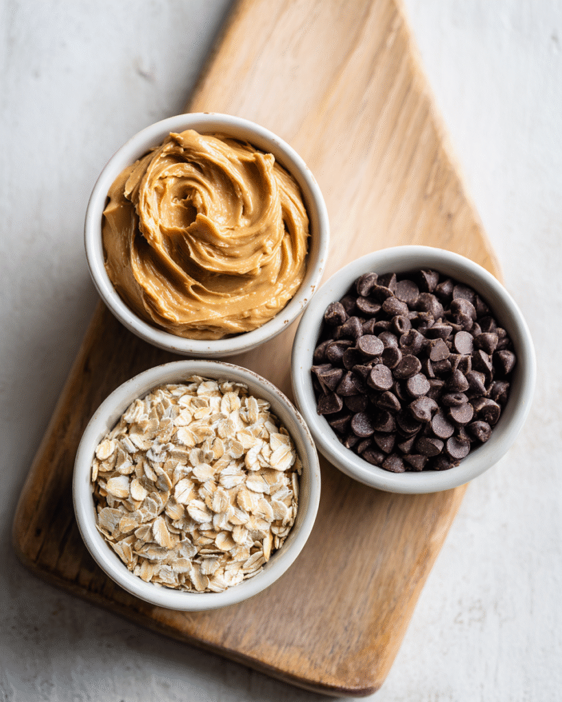 Rolled oats, chocolate chips, and peanut butter in white bowls on wooden board