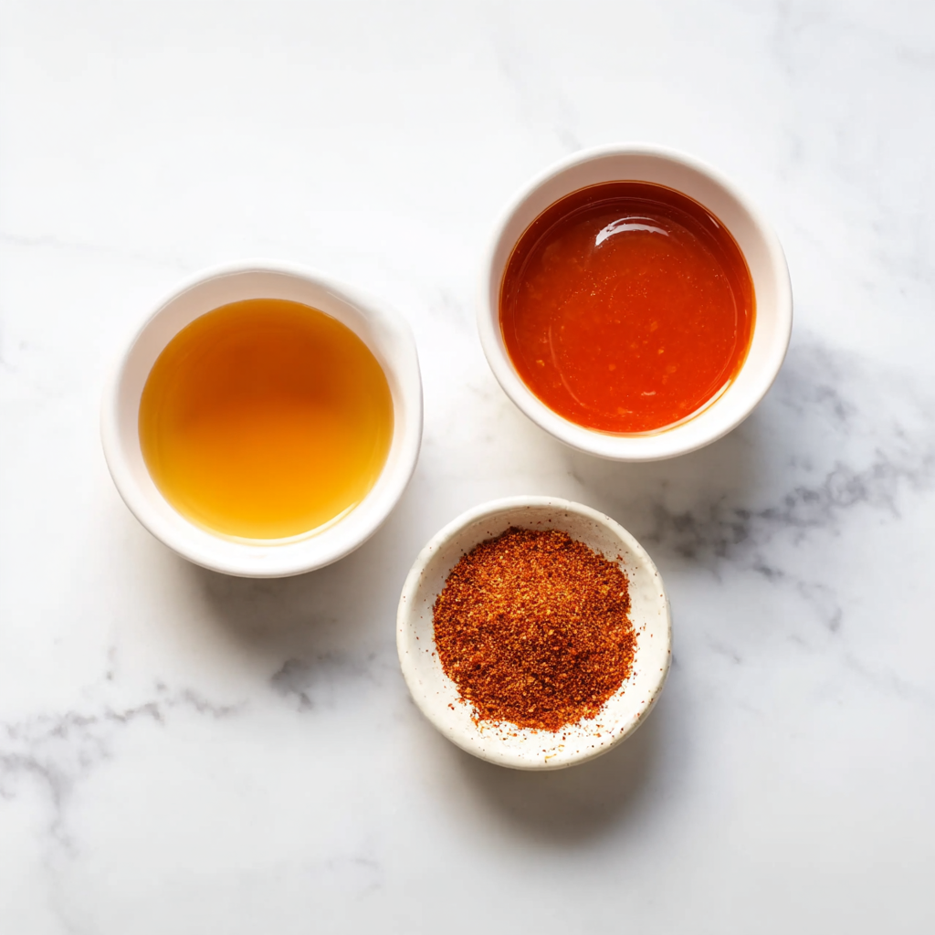 Overhead view of honey, hot sauce, and chili powder in white bowls