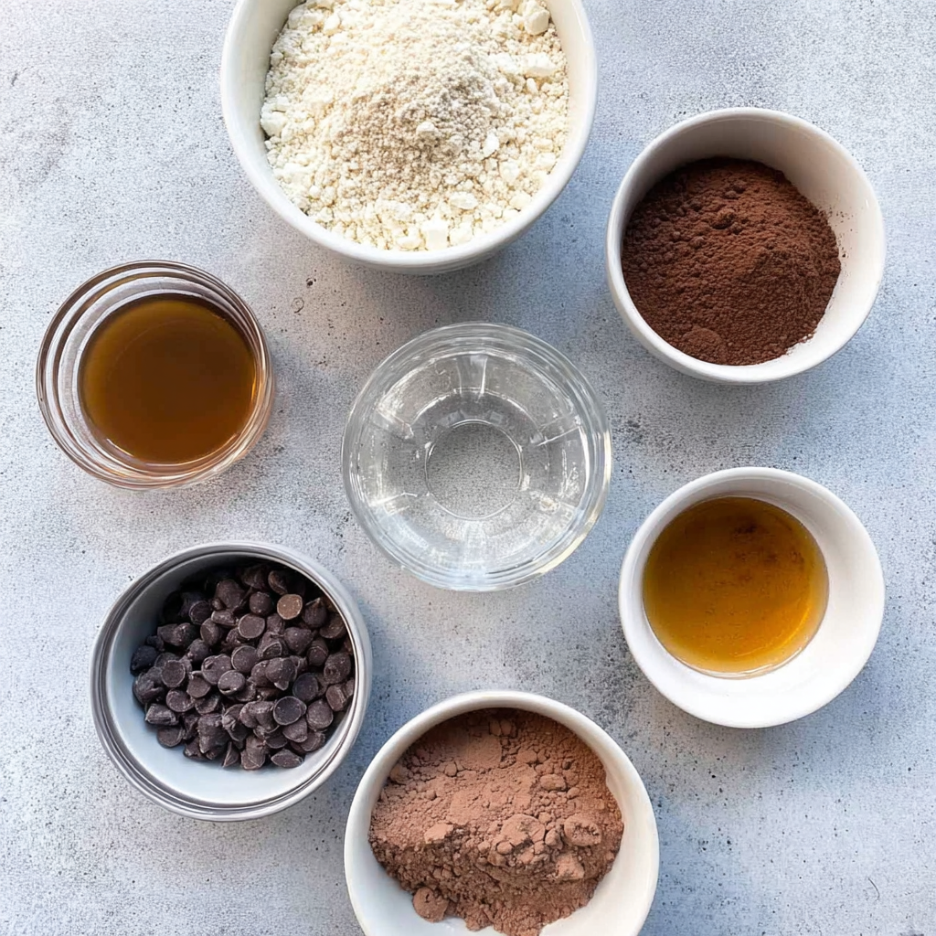 Top-down view of labeled ingredients in bowls for no bake cottage cheese brownie protein bites on a light countertop.