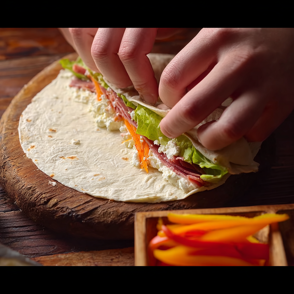 Hands rolling a tortilla tightly around a filling of pastrami, lettuce, peppers, and cheese for No-Bake Savory Tortilla Rolls