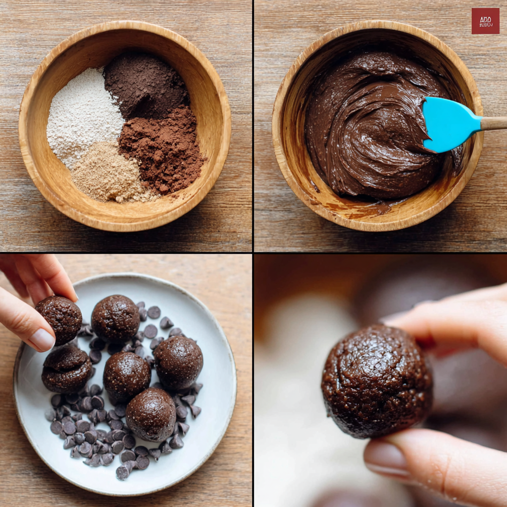 4-panel image showing how to make no bake cottage cheese brownie protein bites, from mixing ingredients to rolling in chocolate chips and the final result.