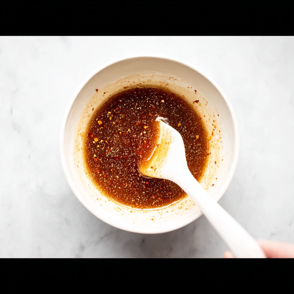Hand holding spatula mixing hot honey sauce in white bowl