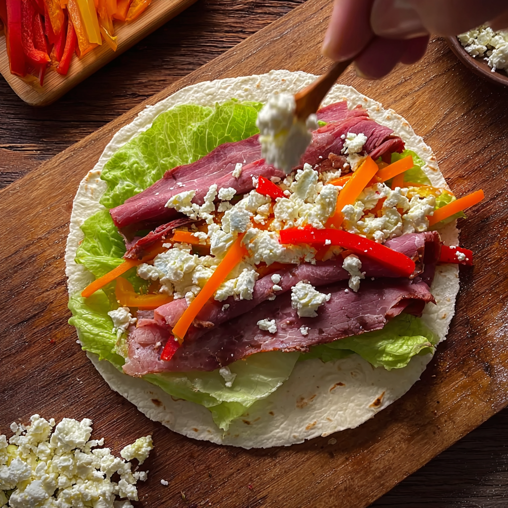 Hand adding crumbled feta over pastrami and bell peppers on a tortilla while preparing No-Bake Savory Tortilla Rolls