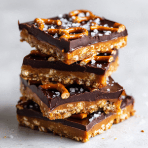 sweet and salty no bake dessert bars stacked with chocolate and pretzels