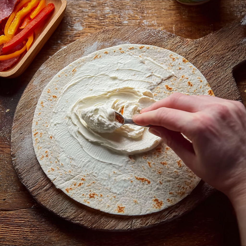 Hand spreading cream cheese on a tortilla as the first step in preparing No-Bake Savory Tortilla Rolls, with sliced peppers and pastrami in the background