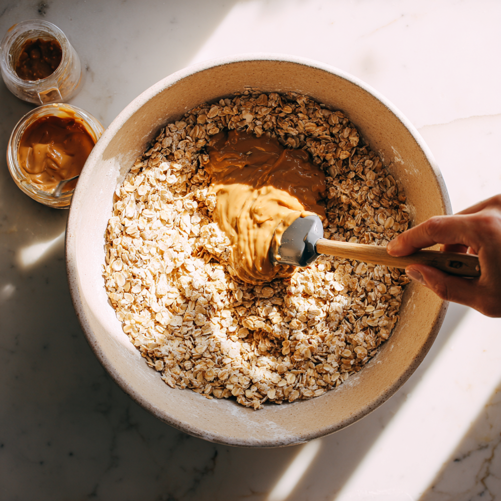 mixing oat and peanut butter in bowl