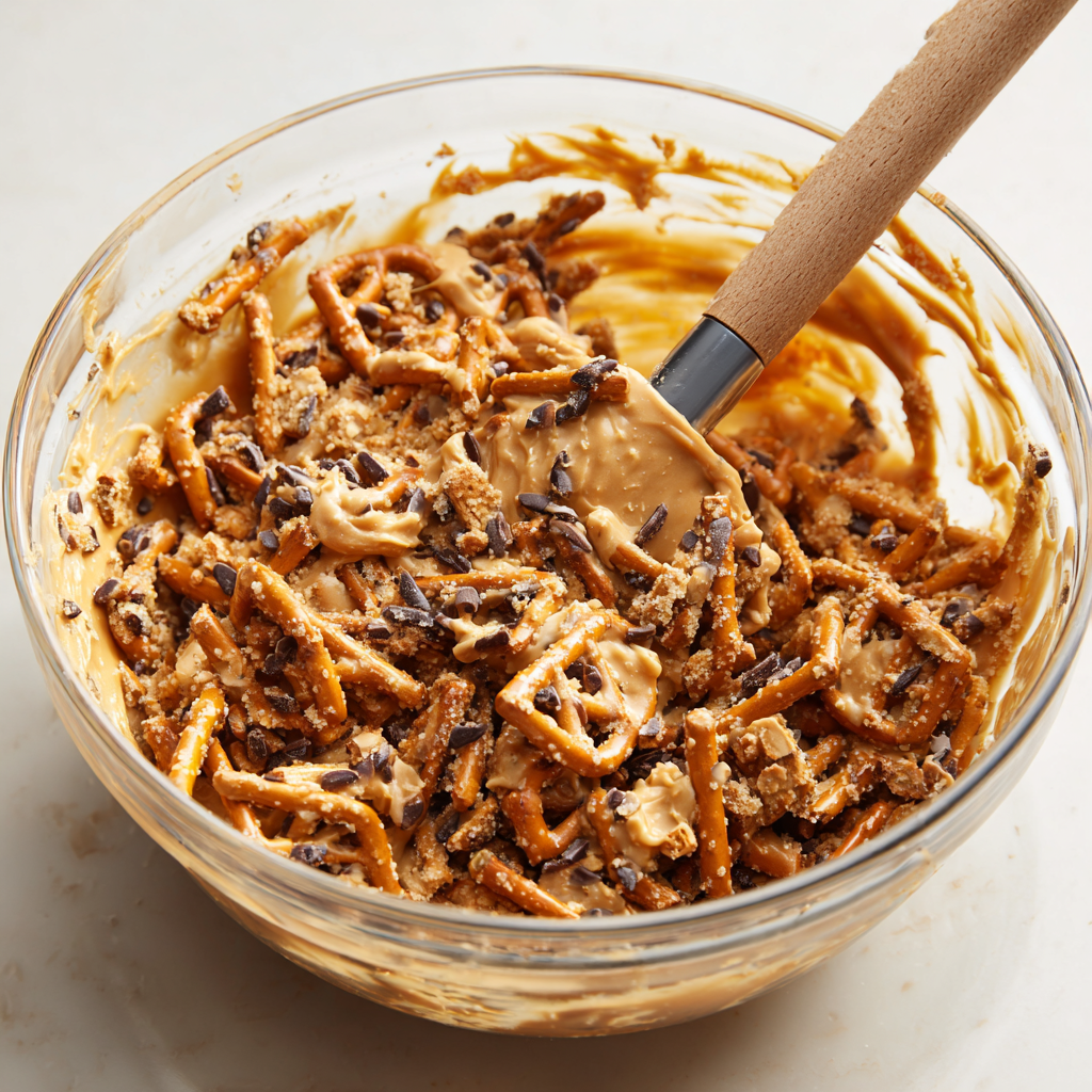 mixing base of sweet and salty no bake dessert in bowl