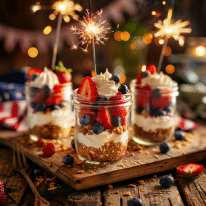 Festive and chilled berry cheesecake parfaits served on the 4th of July