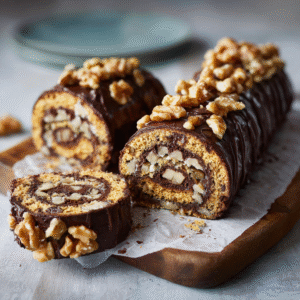 Whole no bake biscuit roll with walnut topping, sliced to reveal the inside