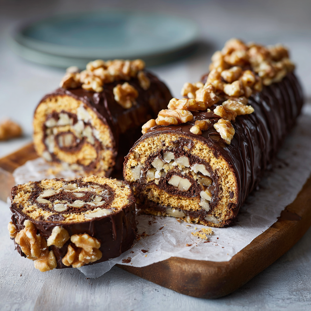 Whole no bake biscuit roll with walnut topping, sliced to reveal the inside