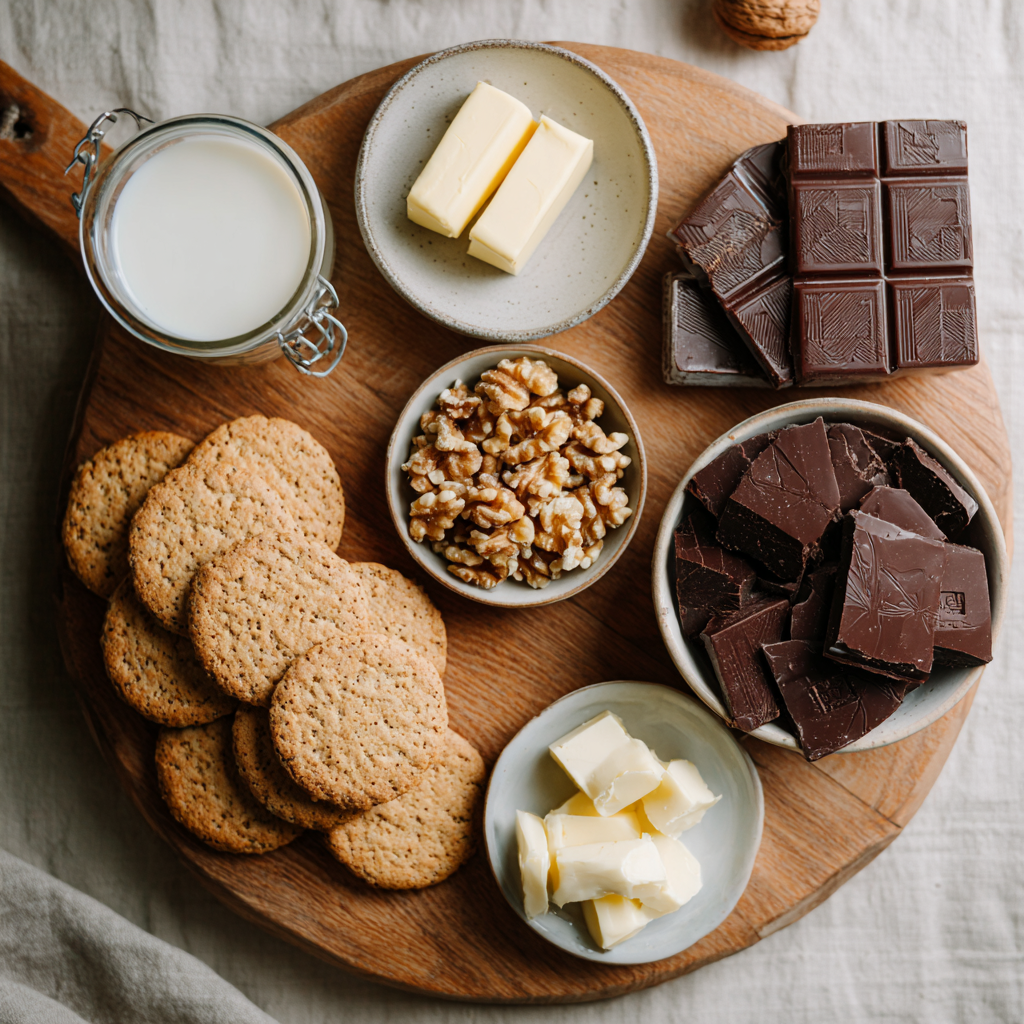 Flat lay of digestive biscuits, chopped walnuts, chocolate, butter, and milk