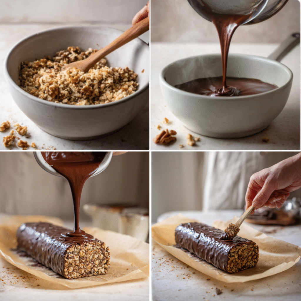 Four-step photo showing how to make a no bake chocolate biscuit roll