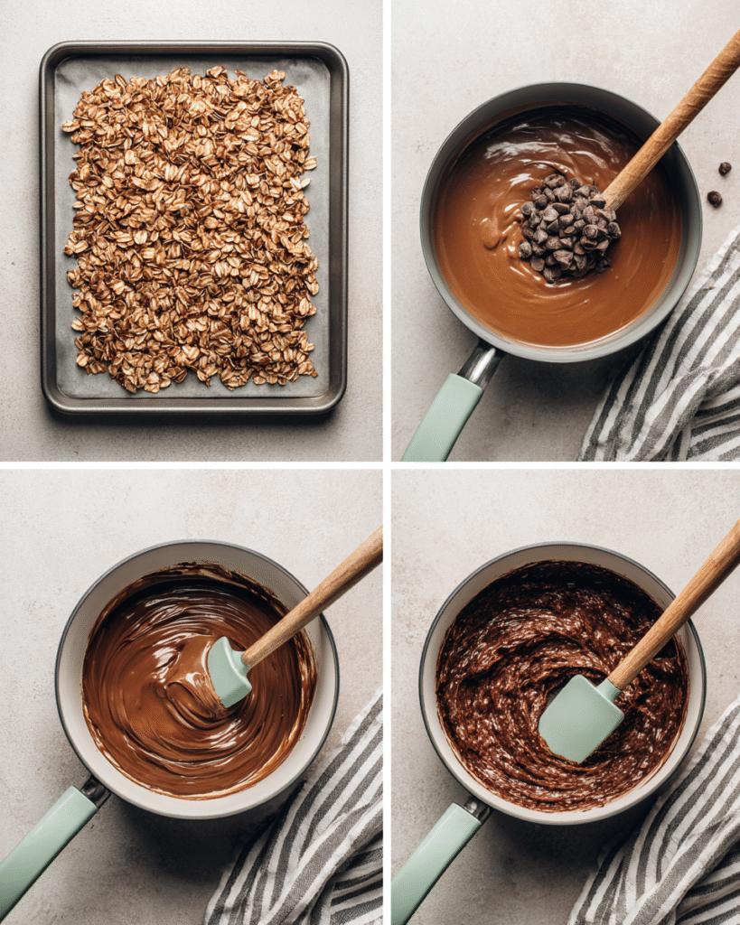 Four stages of no-bake chocolate oat cookie preparation