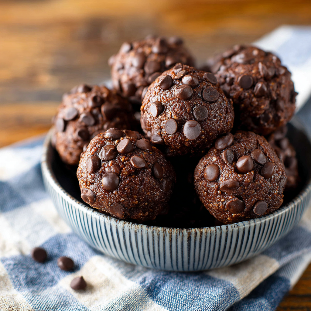 A close-up of no bake cottage cheese brownie protein bites covered in mini chocolate chips, served in a ceramic bowl.
