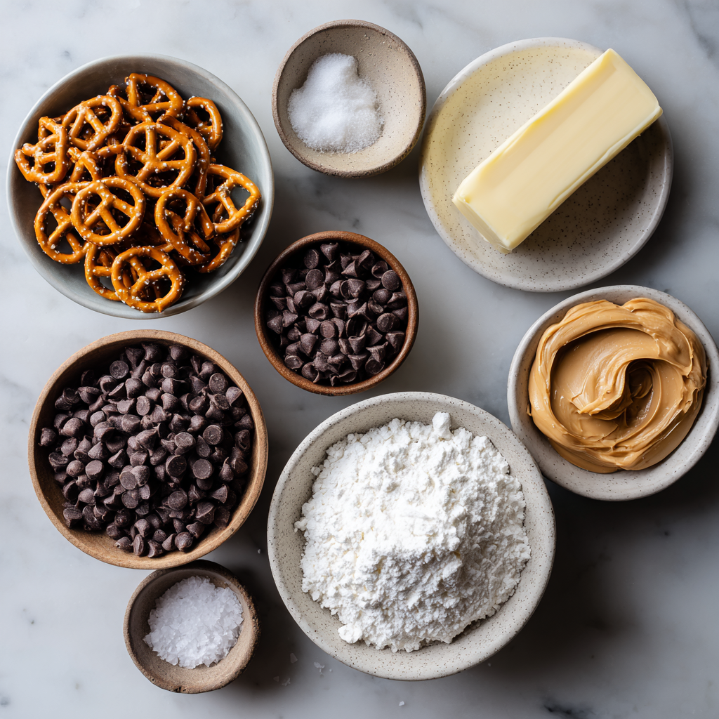 ingredients for sweet and salty no bake dessert laid out on table