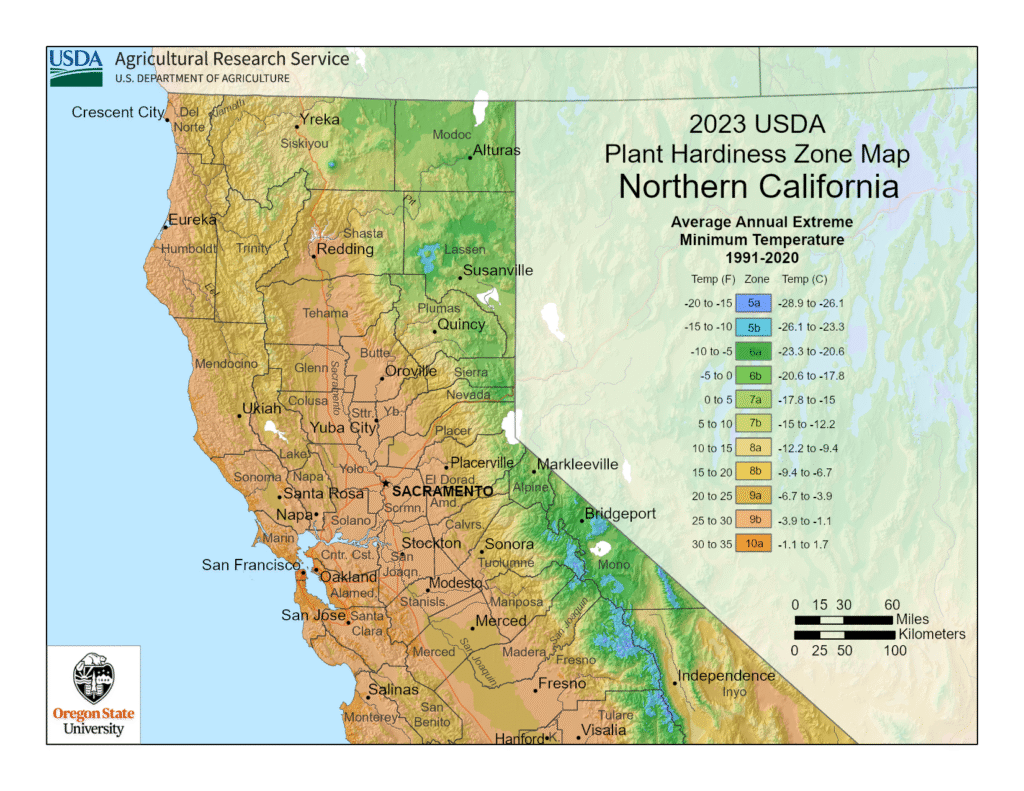 USDA plant hardiness zone map of Northern California with temperature zones marked by color