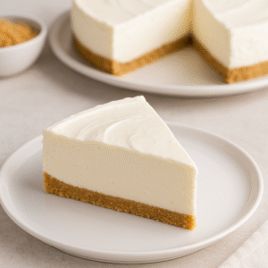 Slice of creamy three-ingredient no-bake cheesecake on a white plate