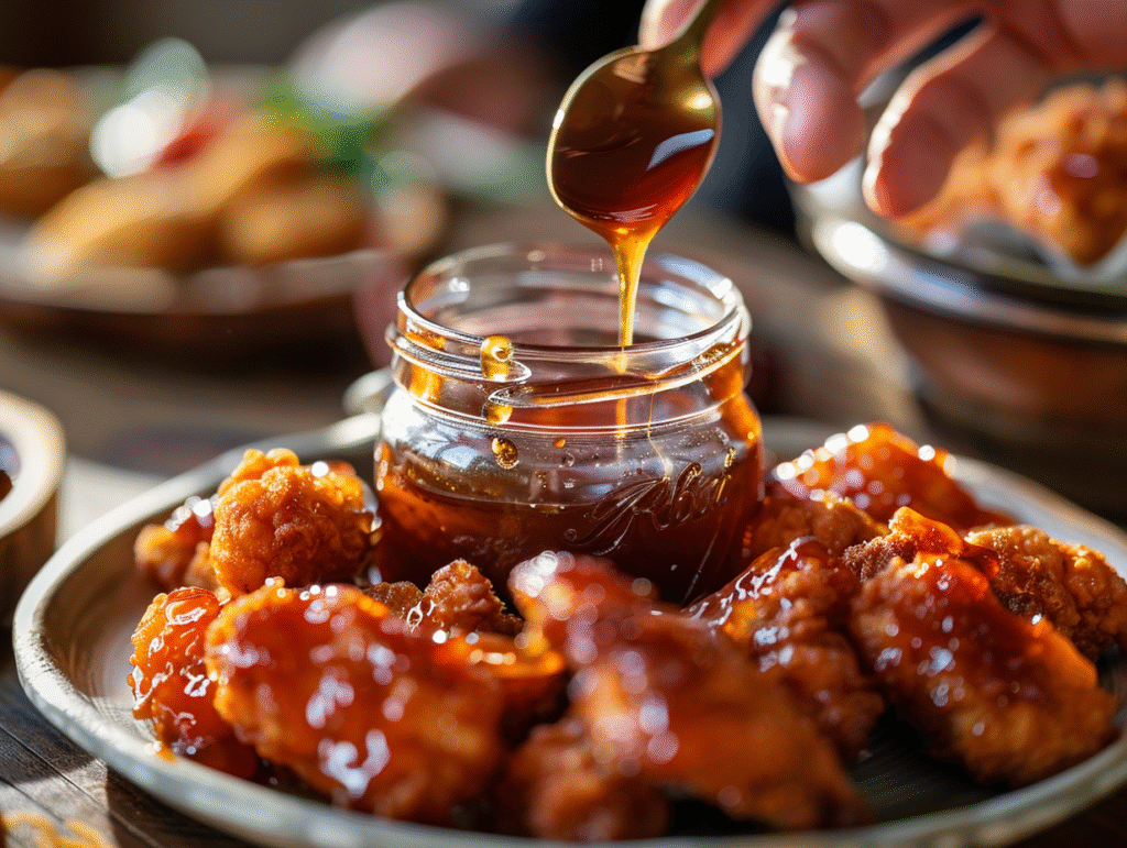 Hot honey sauce for chicken in a glass jar, surrounded by crispy chicken, hands dipping in