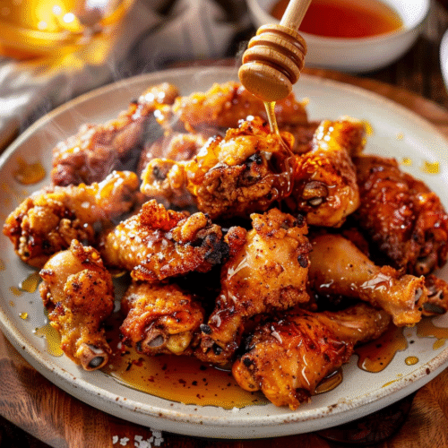 Homemade hot honey sauce drizzled over crispy chicken on a rustic plate, family hands reaching in
