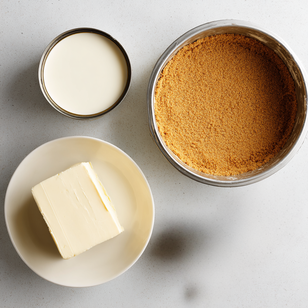 Top view of cream cheese, condensed milk, and graham cracker crust arranged neatly.