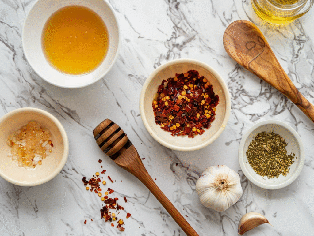 Flat lay of honey, chili flakes, vinegar, and garlic on a wooden kitchen counter