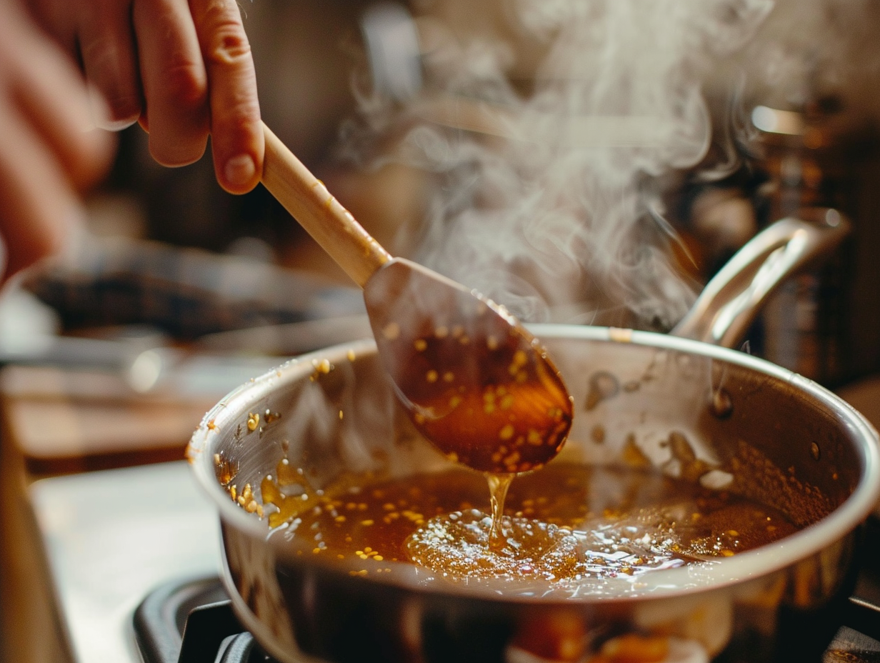 Hand stirring honey, chili flakes, and vinegar in a saucepan on a stove