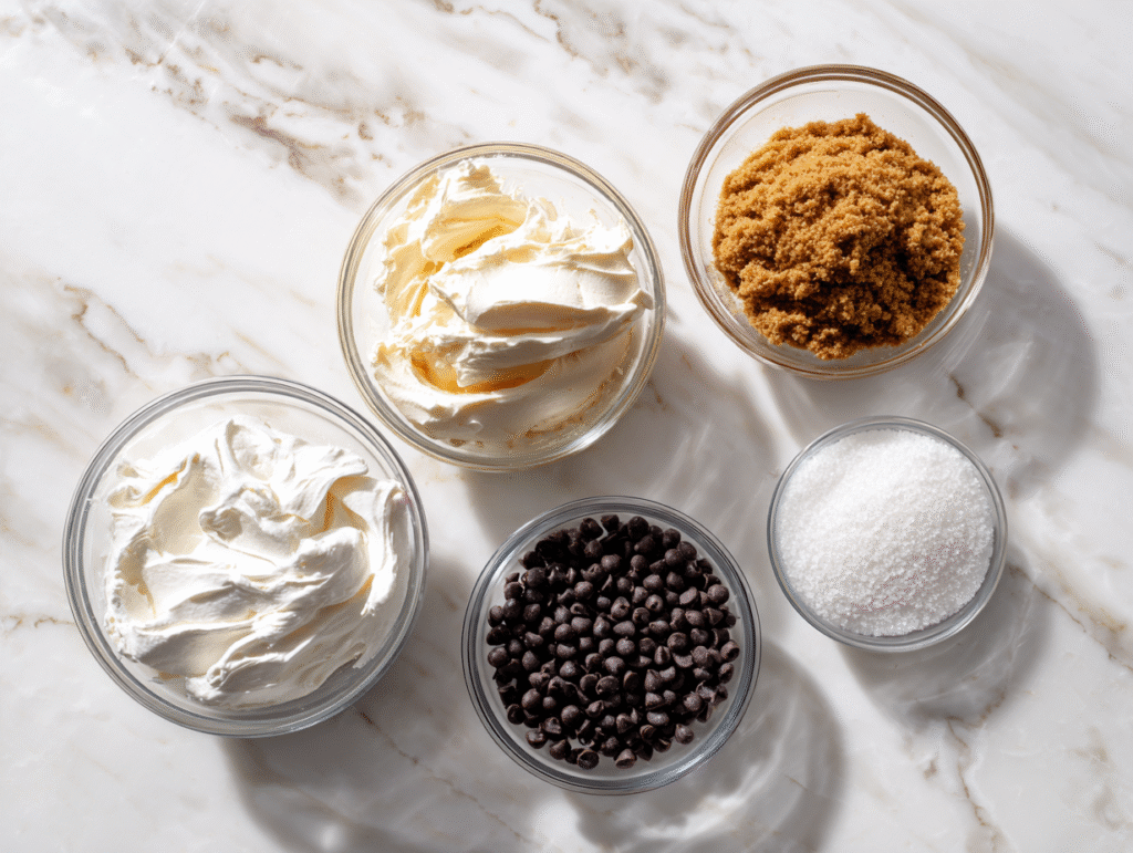 Ingredients for Booty Dip arranged in clear bowls on a marble counter