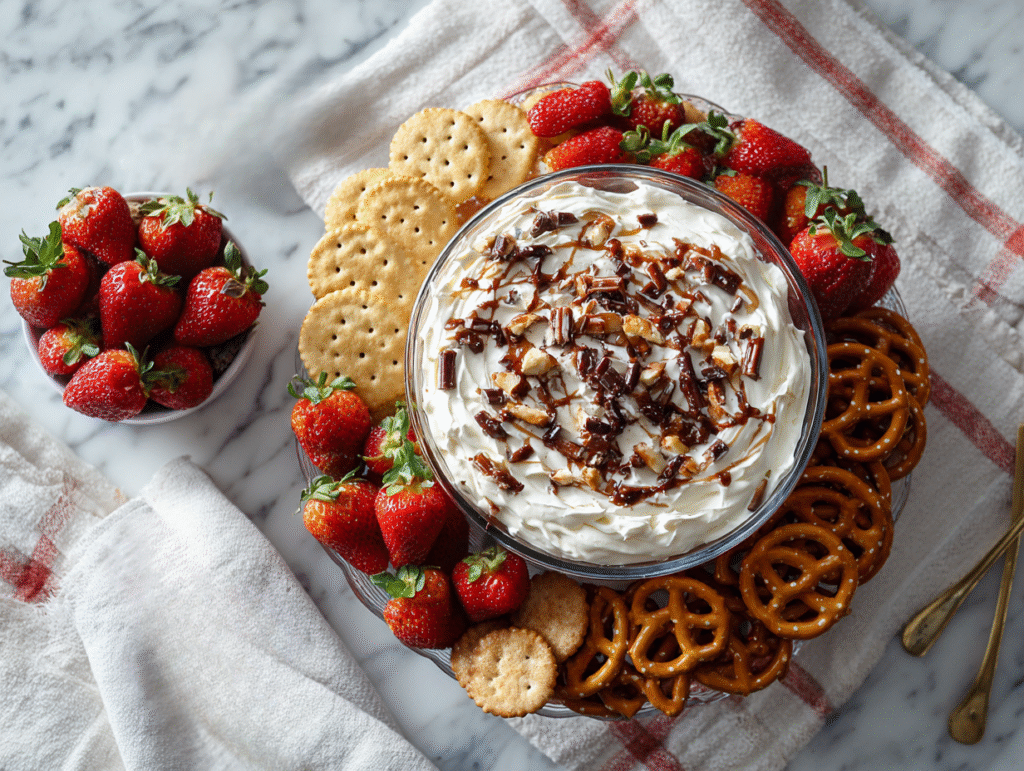 Bowl of Booty Dip surrounded by fruit and cookies
