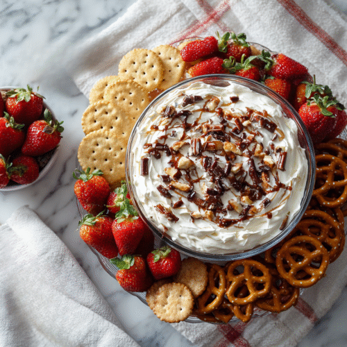 Bowl of Booty Dip surrounded by fruit and cookies