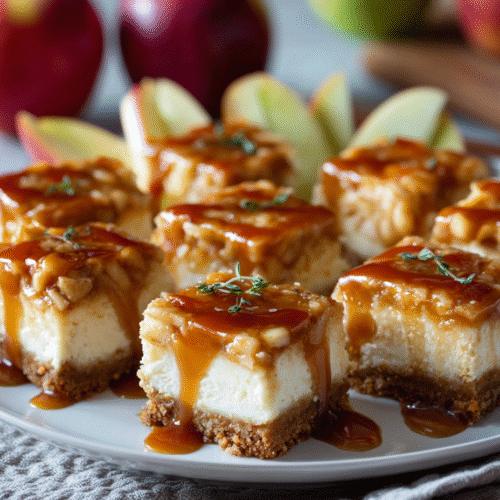 Caramel apple cheesecake bars on white plate with caramel drizzle