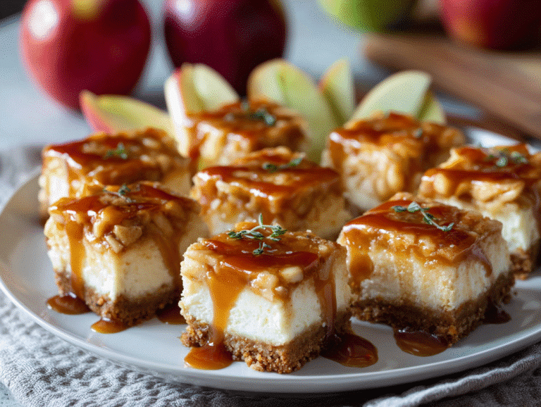 Caramel apple cheesecake bars on white plate with caramel drizzle