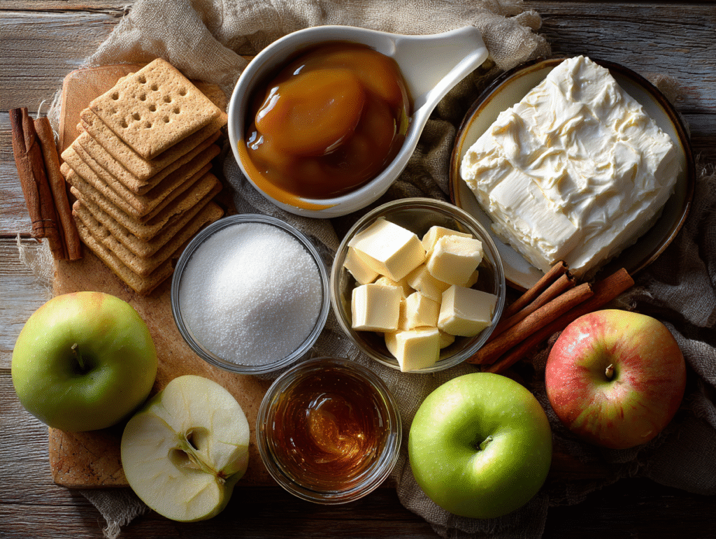 Ingredients for caramel apple cheesecake bars on table
