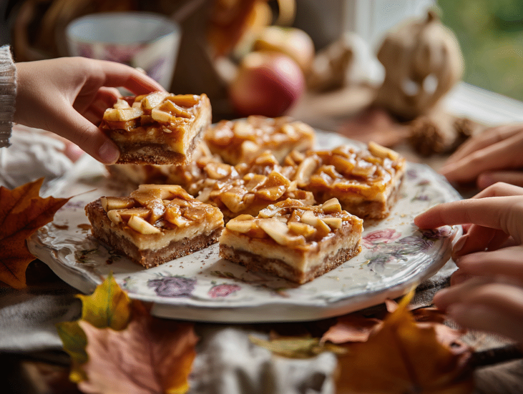 Sliced caramel apple cheesecake bars with caramel and apples