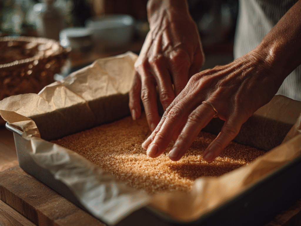 Pressing graham cracker crust for cheesecake bars