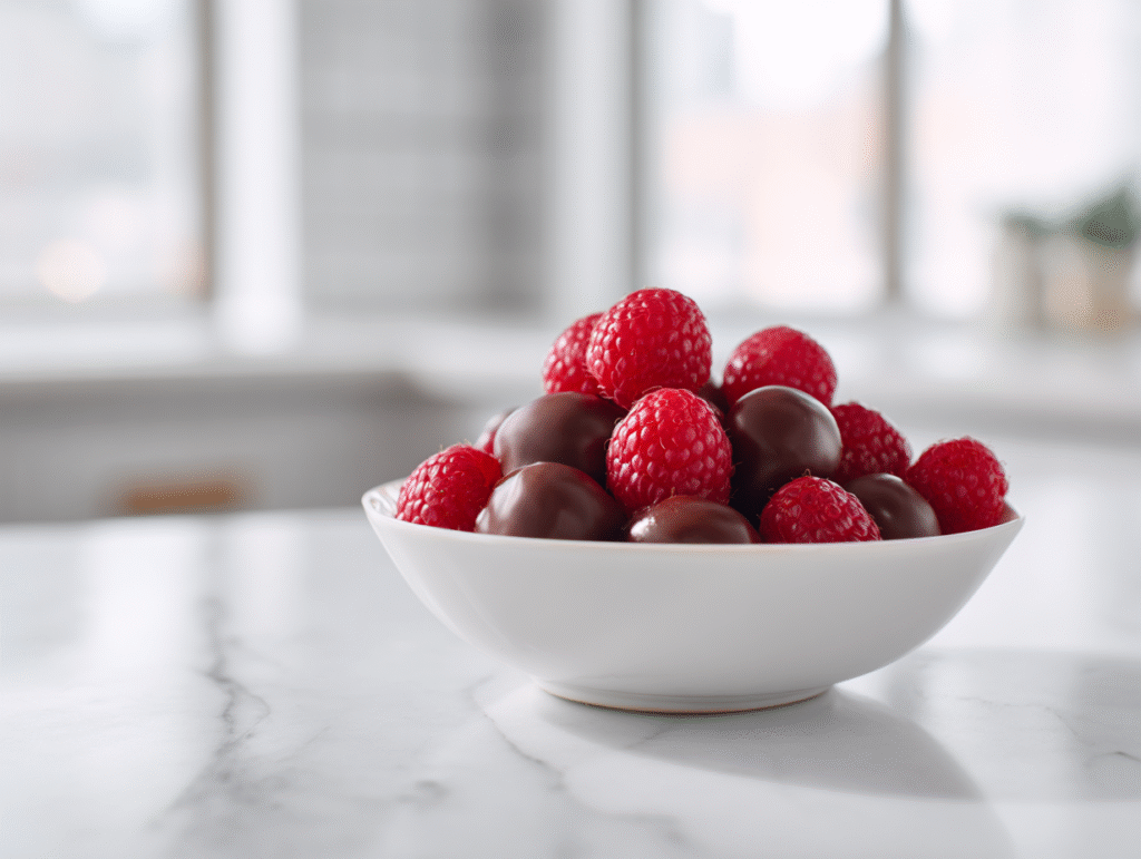 Chocolate covered raspberries in a white bowl on marble.