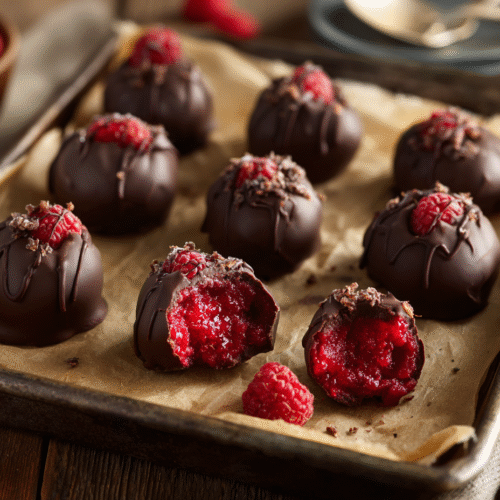 Tray of finished chocolate covered raspberries on parchment.