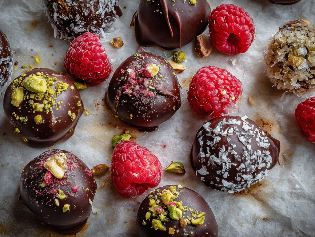 Assorted chocolate covered raspberries with variation toppings.