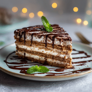 Sliced chocotorta with garnish on dessert plate
