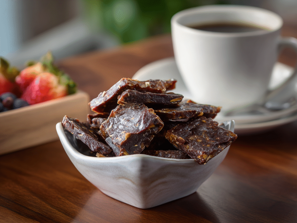 Date bark served with fruit and coffee