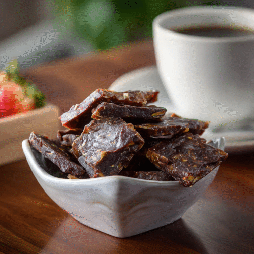 Date bark served with fruit and coffee