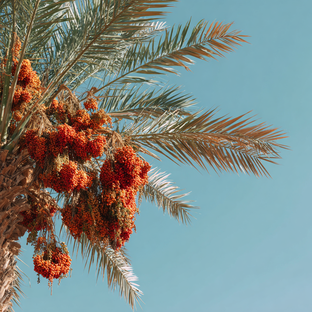 Date palm tree with hanging bunches of fresh dates