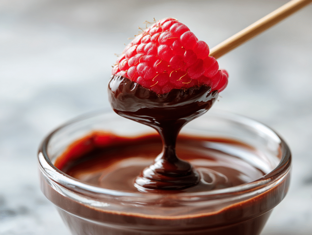 Raspberry being dipped into melted dark chocolate.