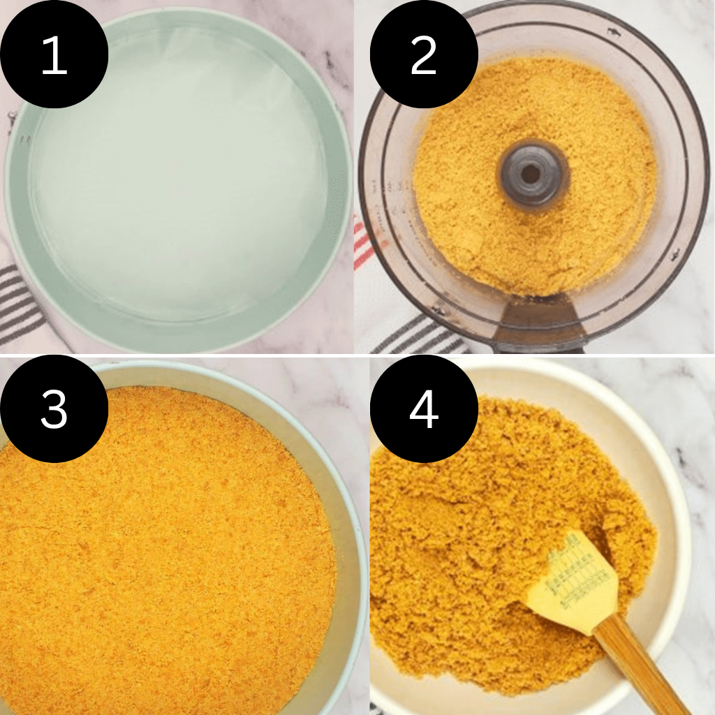 Step-by-step graham cracker crust preparation for jello no bake cheesecake