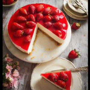 Jello no bake cheesecake topped with strawberries