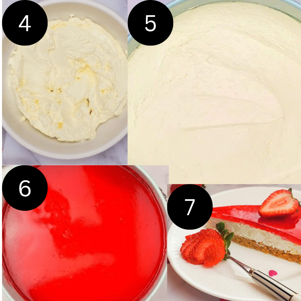 Jello no bake cheesecake filling and topping step-by-step process
