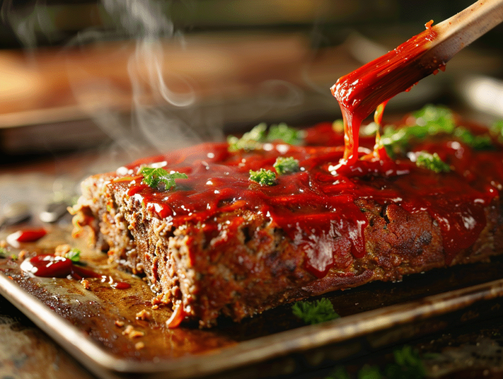 Brushing sugar-free glaze on keto meatloaf before final baking