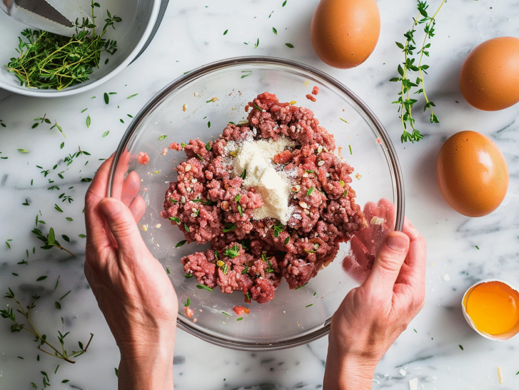 Mixing ground beef, eggs, almond flour, and seasonings for keto meatloaf